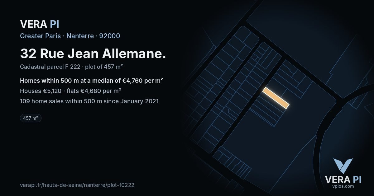 32 Rue Jean Allemane, Nanterre at night – the plot lit, the parcels around coloured by the prices near them