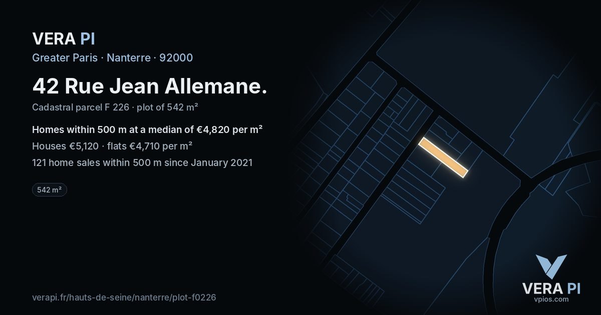 42 Rue Jean Allemane, Nanterre at night – the plot lit, the parcels around coloured by the prices near them
