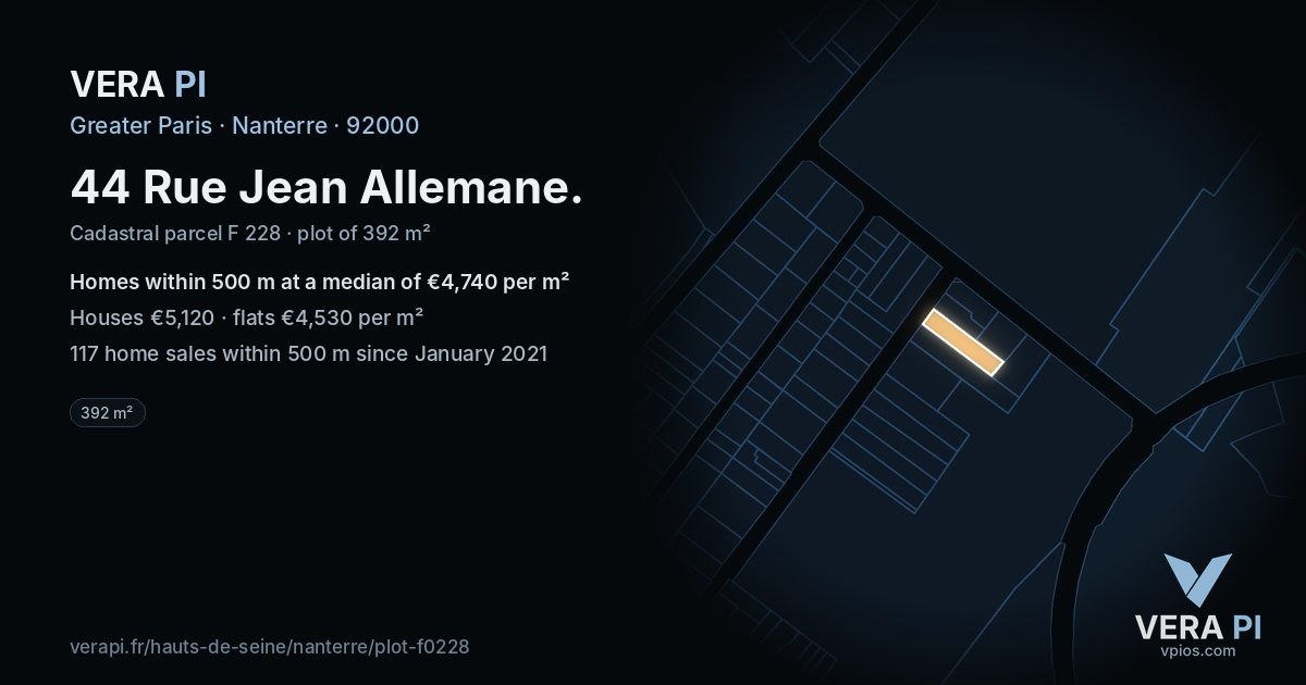 44 Rue Jean Allemane, Nanterre at night – the plot lit, the parcels around coloured by the prices near them