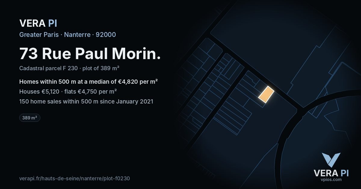 73 Rue Paul Morin, Nanterre at night – the plot lit, the parcels around coloured by the prices near them