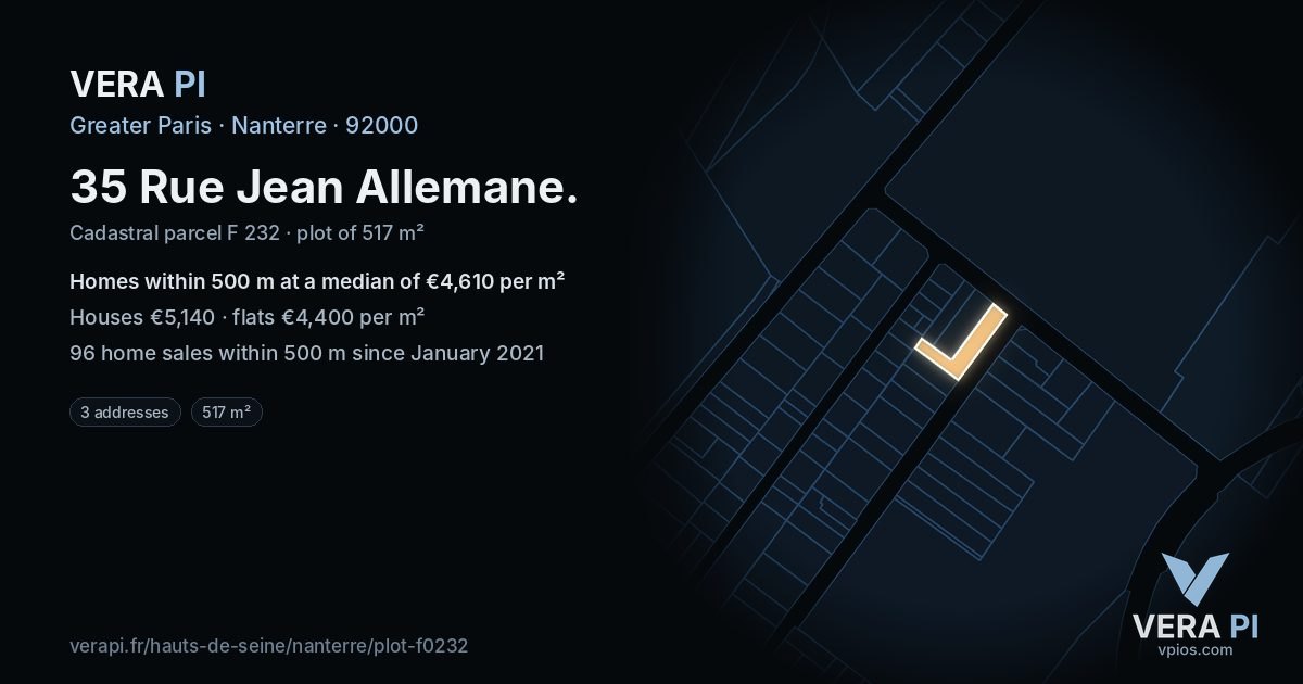 35 Rue Jean Allemane, Nanterre at night – the plot lit, the parcels around coloured by the prices near them