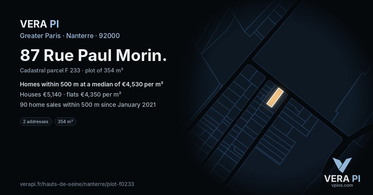 87 Rue Paul Morin, Nanterre at night – the plot lit, the parcels around coloured by the prices near them