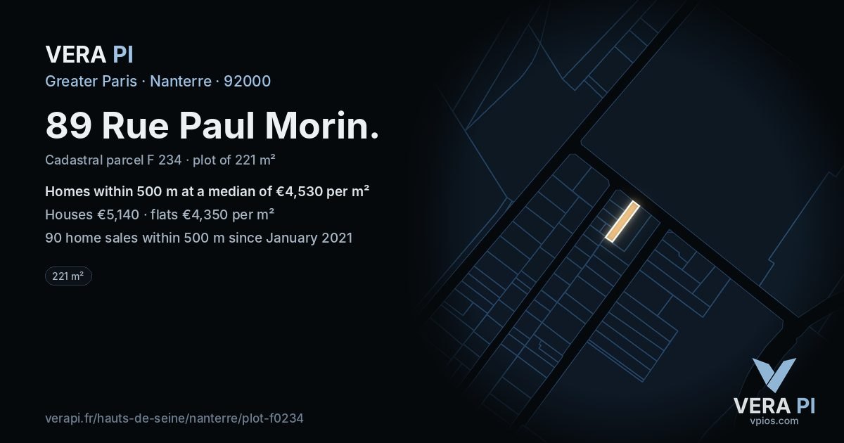 89 Rue Paul Morin, Nanterre at night – the plot lit, the parcels around coloured by the prices near them