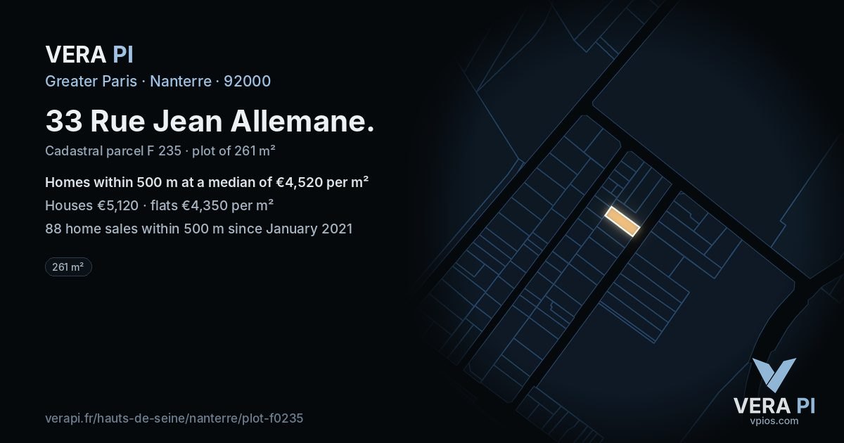 33 Rue Jean Allemane, Nanterre at night – the plot lit, the parcels around coloured by the prices near them