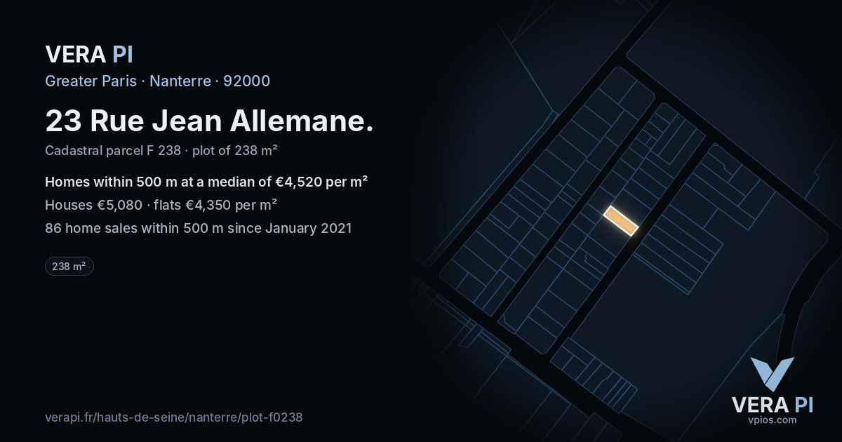 23 Rue Jean Allemane, Nanterre at night – the plot lit, the parcels around coloured by the prices near them
