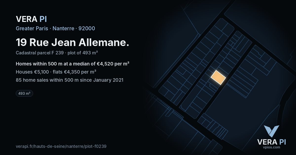 19 Rue Jean Allemane, Nanterre at night – the plot lit, the parcels around coloured by the prices near them