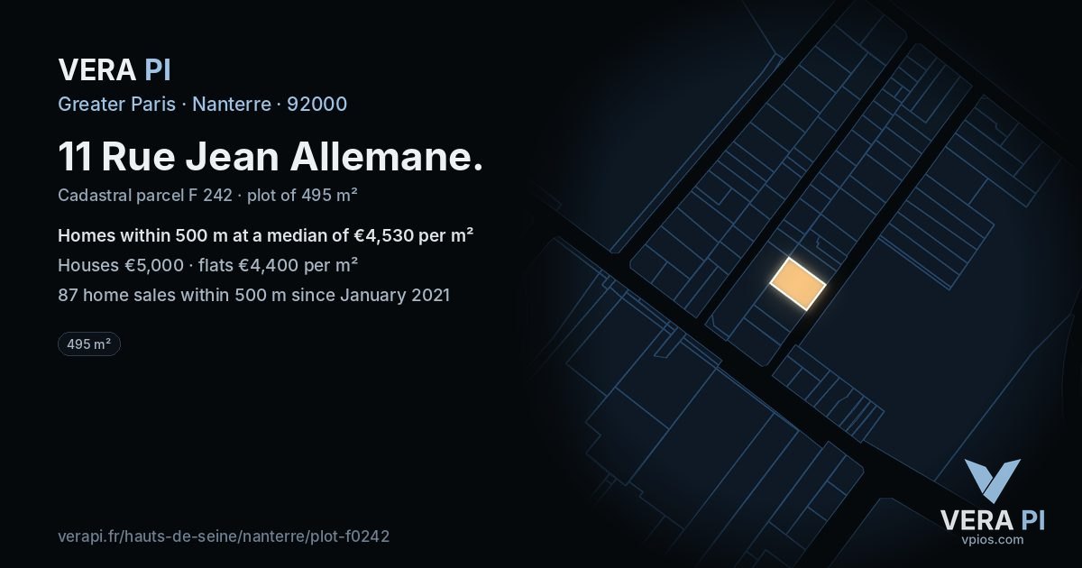 11 Rue Jean Allemane, Nanterre at night – the plot lit, the parcels around coloured by the prices near them