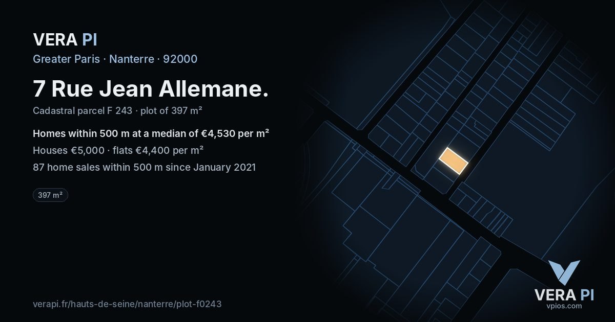 7 Rue Jean Allemane, Nanterre at night – the plot lit, the parcels around coloured by the prices near them
