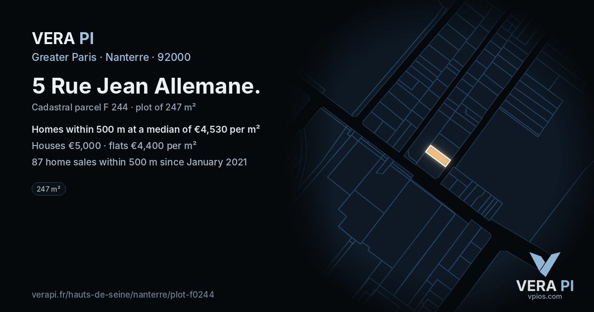 5 Rue Jean Allemane, Nanterre at night – the plot lit, the parcels around coloured by the prices near them