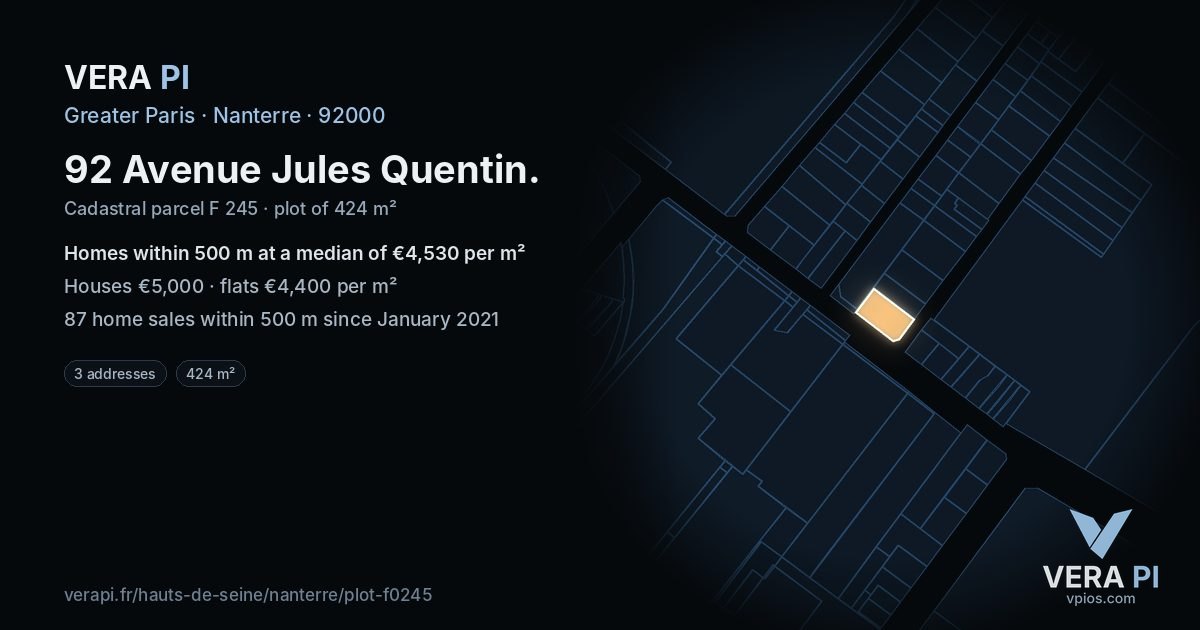 92 Avenue Jules Quentin, Nanterre at night – the plot lit, the parcels around coloured by the prices near them
