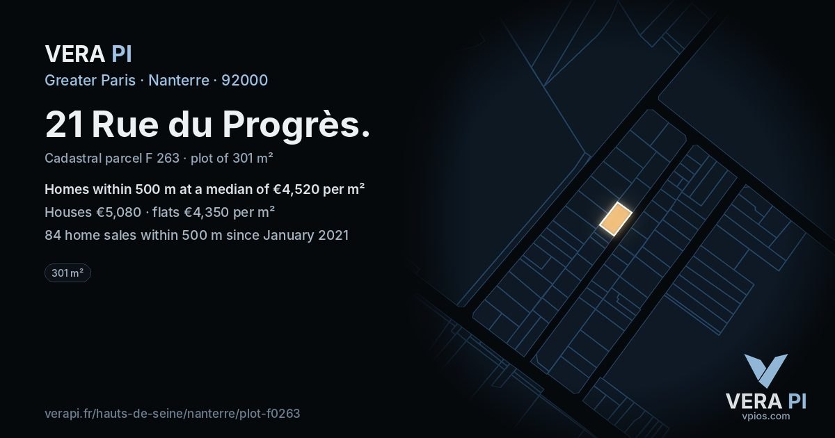 21 Rue du Progrès, Nanterre at night – the plot lit, the parcels around coloured by the prices near them