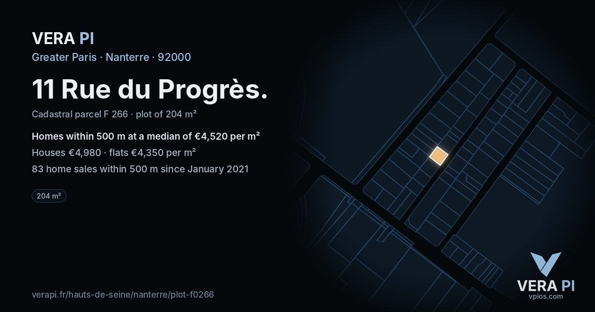 11 Rue du Progrès, Nanterre at night – the plot lit, the parcels around coloured by the prices near them