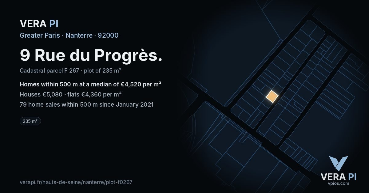 9 Rue du Progrès, Nanterre at night – the plot lit, the parcels around coloured by the prices near them