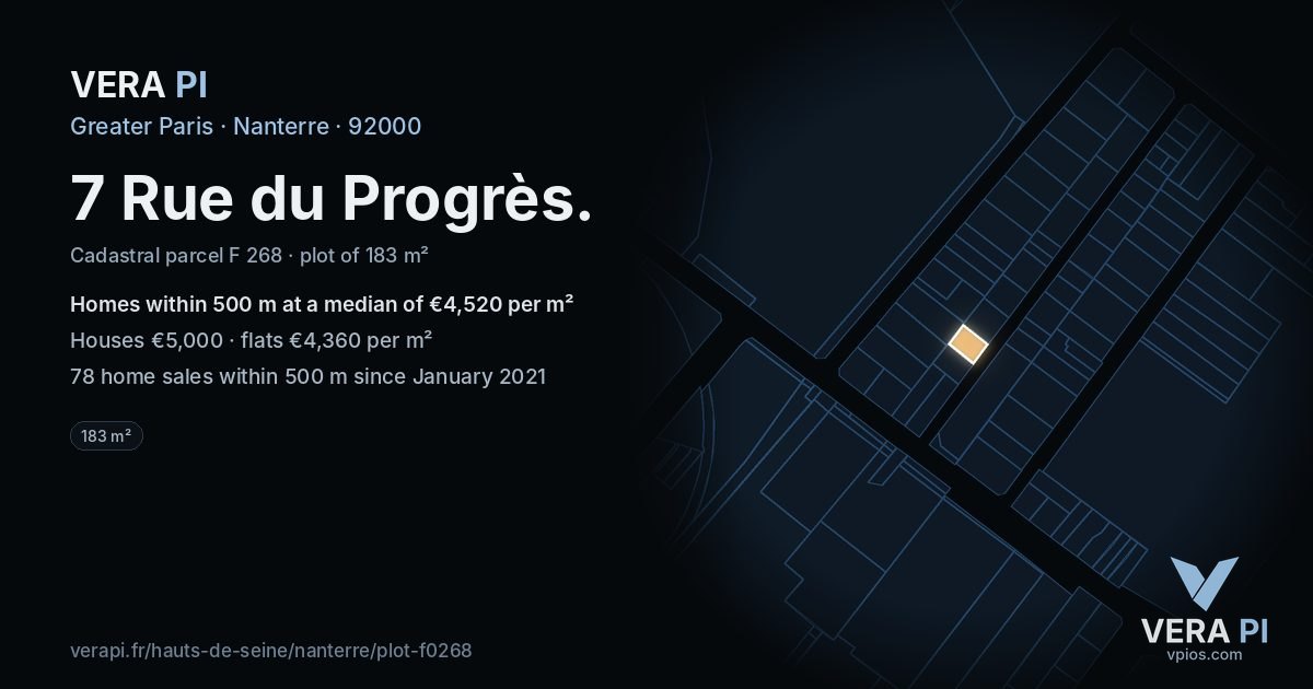 7 Rue du Progrès, Nanterre at night – the plot lit, the parcels around coloured by the prices near them