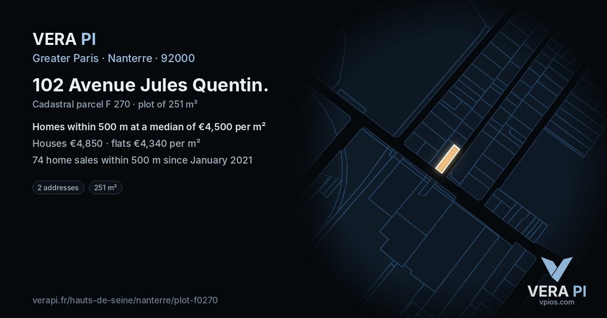 102 Avenue Jules Quentin, Nanterre at night – the plot lit, the parcels around coloured by the prices near them