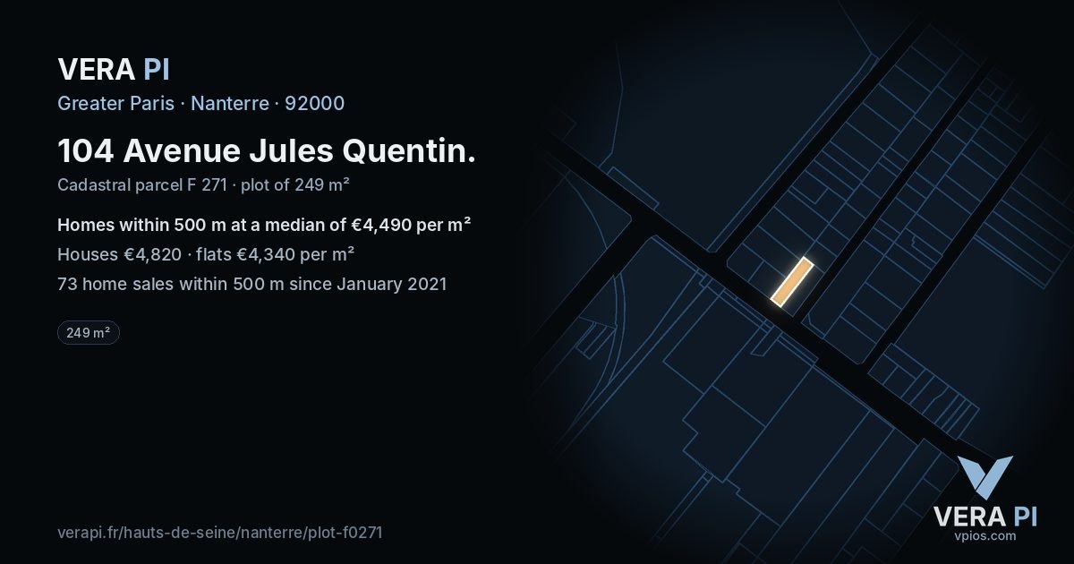 104 Avenue Jules Quentin, Nanterre at night – the plot lit, the parcels around coloured by the prices near them
