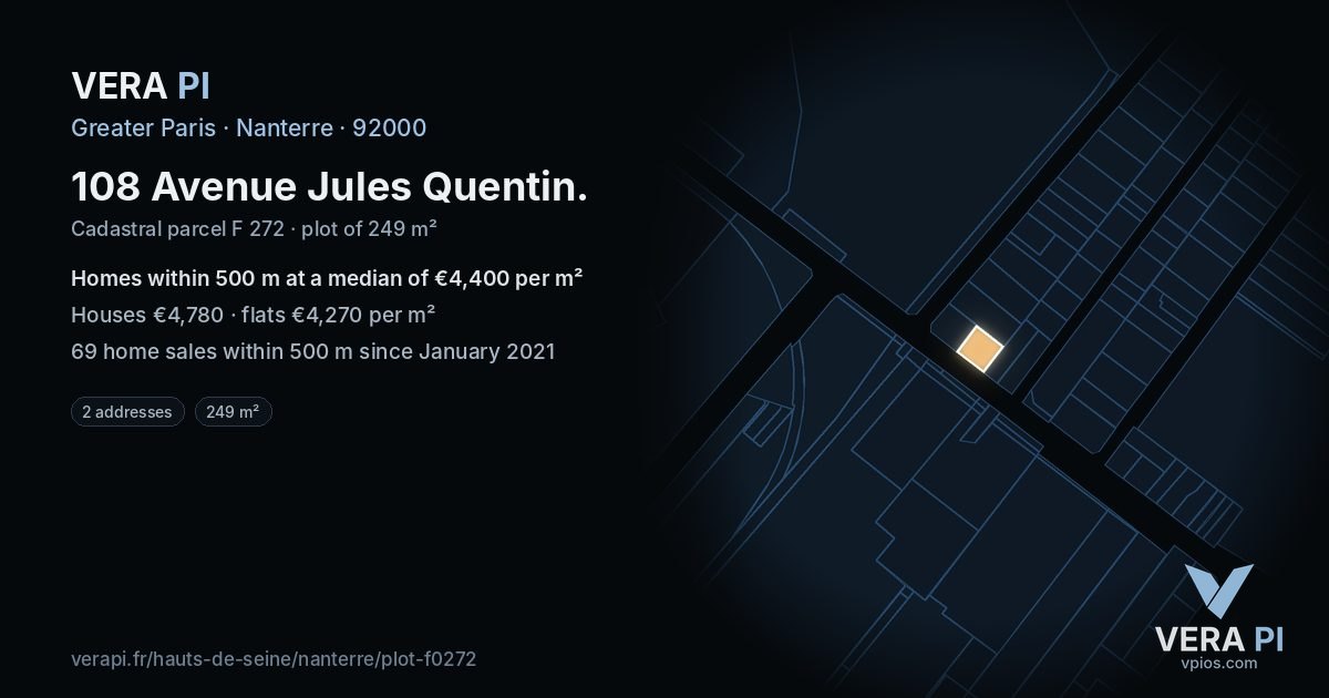108 Avenue Jules Quentin, Nanterre at night – the plot lit, the parcels around coloured by the prices near them
