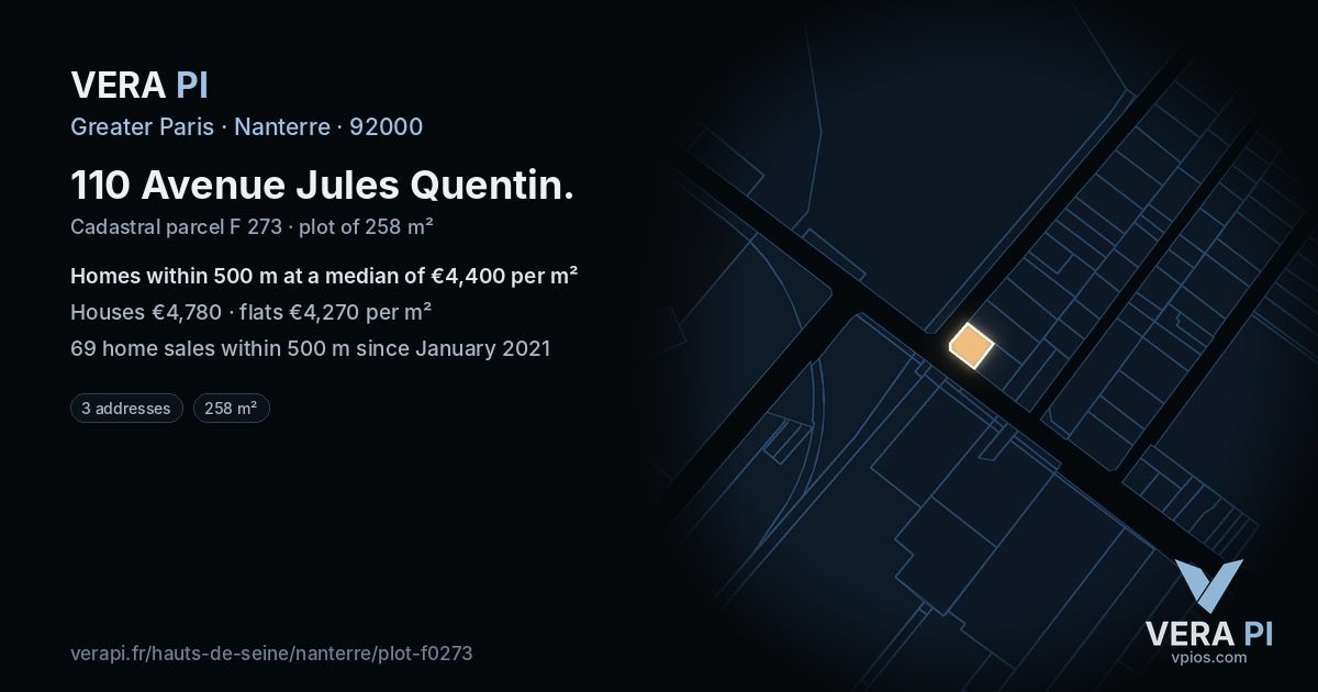 110 Avenue Jules Quentin, Nanterre at night – the plot lit, the parcels around coloured by the prices near them