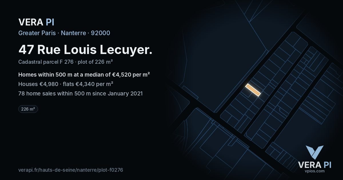 47 Rue Louis Lecuyer, Nanterre at night – the plot lit, the parcels around coloured by the prices near them