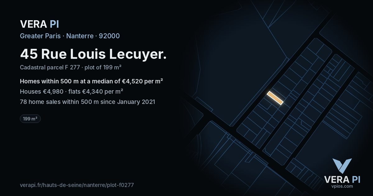 45 Rue Louis Lecuyer, Nanterre at night – the plot lit, the parcels around coloured by the prices near them