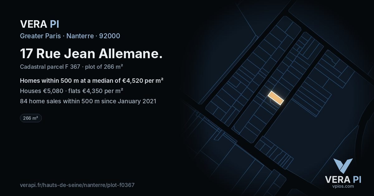 17 Rue Jean Allemane, Nanterre at night – the plot lit, the parcels around coloured by the prices near them