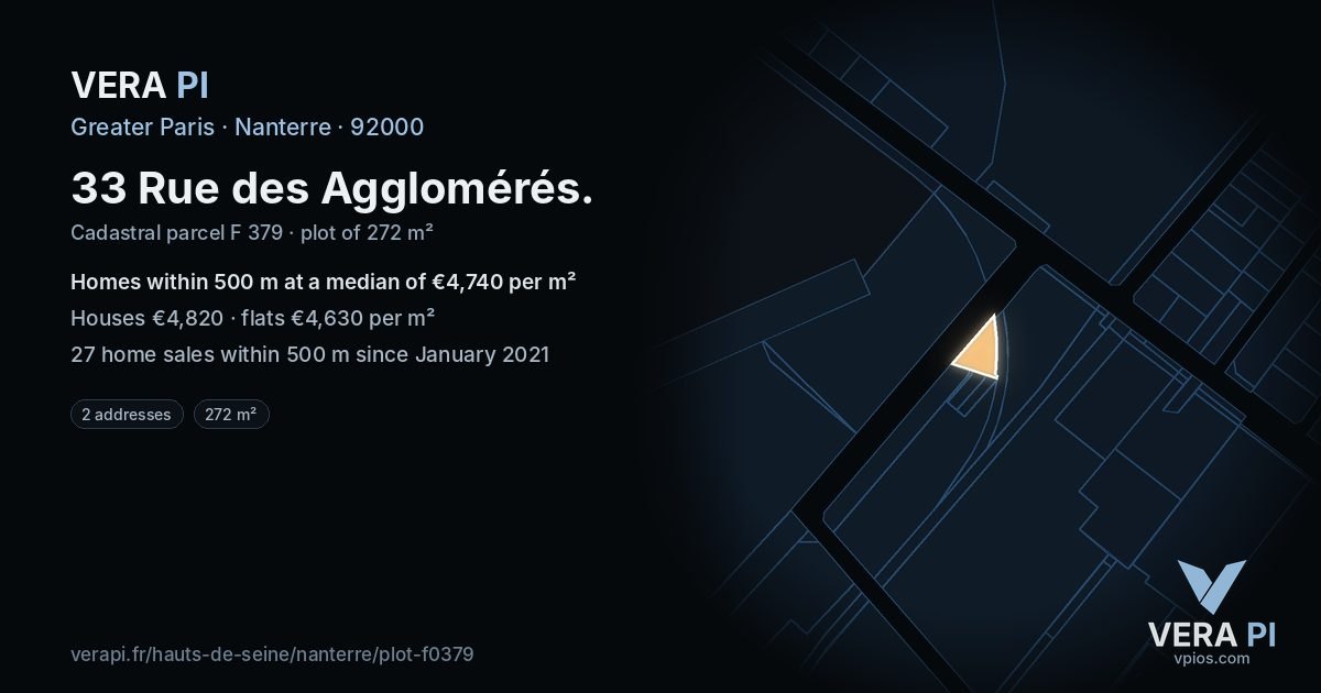 33 Rue des Agglomérés, Nanterre at night – the plot lit, the parcels around coloured by the prices near them