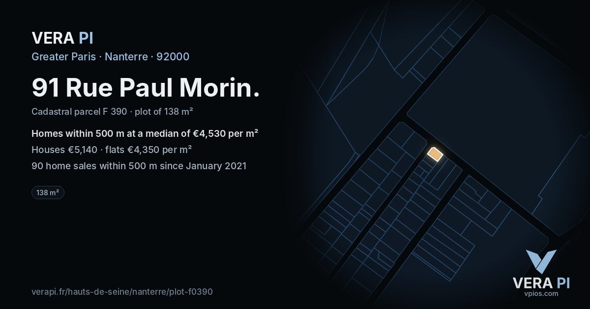 91 Rue Paul Morin, Nanterre at night – the plot lit, the parcels around coloured by the prices near them