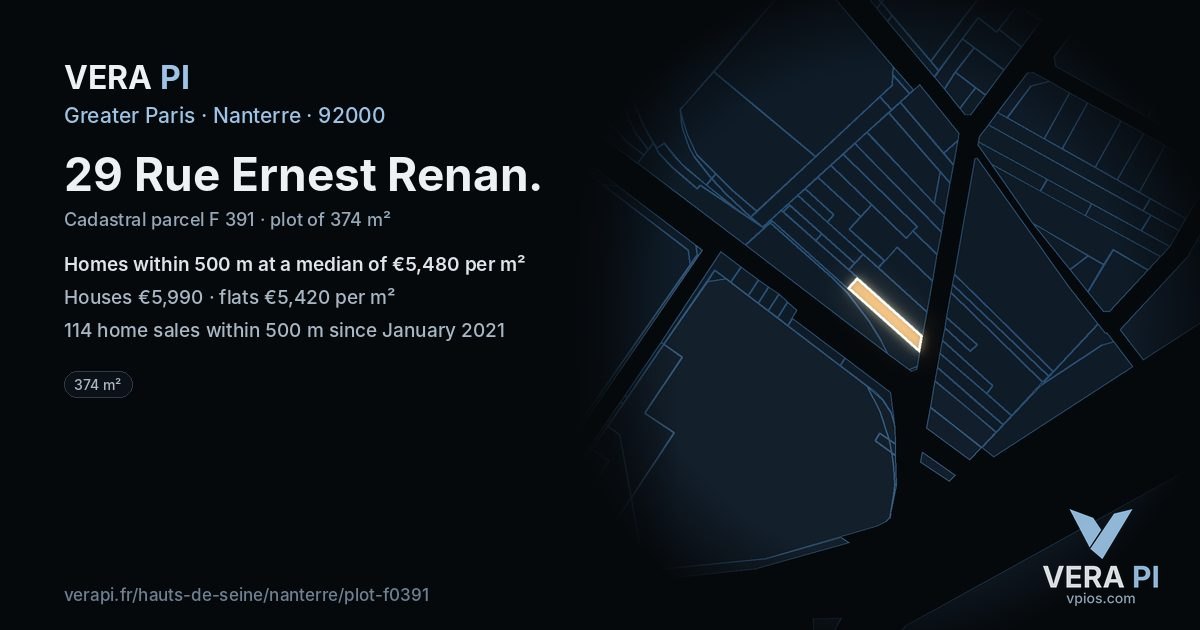 29 Rue Ernest Renan, Nanterre at night – the plot lit, the parcels around coloured by the prices near them