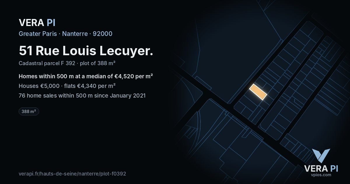 51 Rue Louis Lecuyer, Nanterre at night – the plot lit, the parcels around coloured by the prices near them