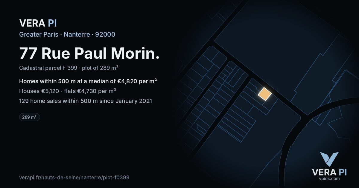 77 Rue Paul Morin, Nanterre at night – the plot lit, the parcels around coloured by the prices near them