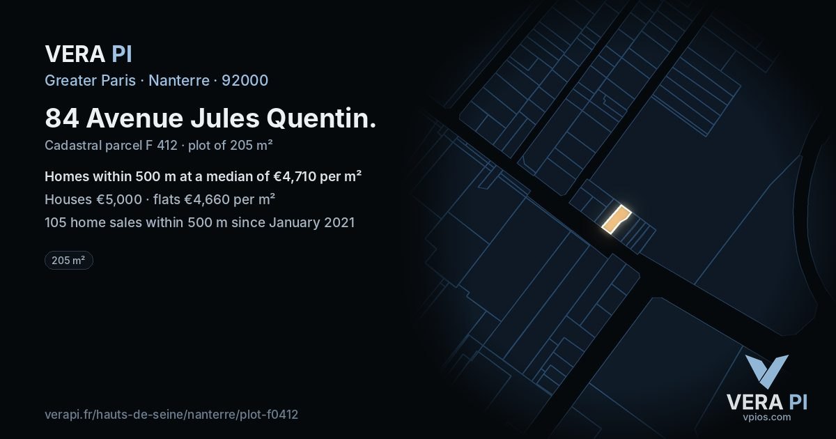84 Avenue Jules Quentin, Nanterre at night – the plot lit, the parcels around coloured by the prices near them