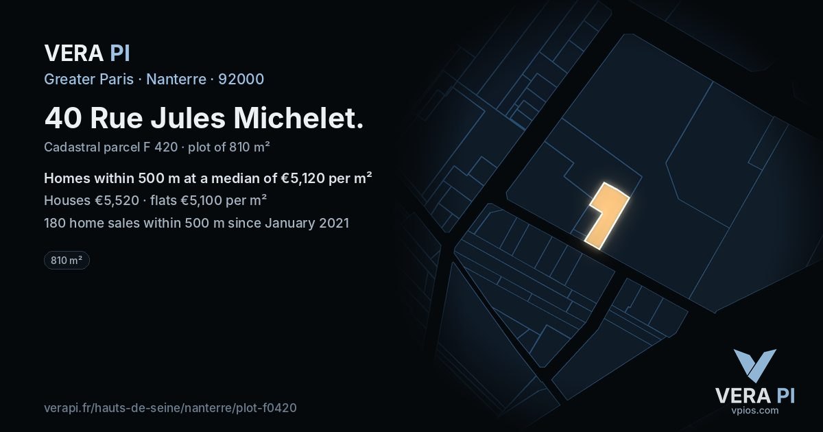 40 Rue Jules Michelet, Nanterre at night – the plot lit, the parcels around coloured by the prices near them