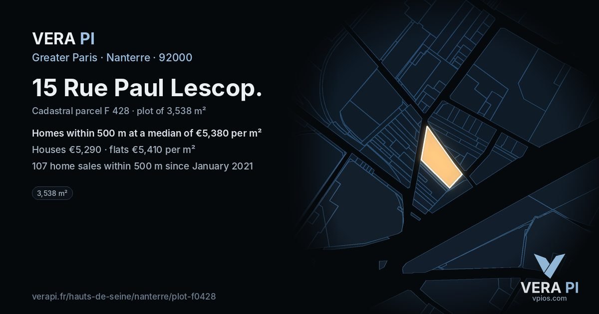 15 Rue Paul Lescop, Nanterre at night – the plot lit, the parcels around coloured by the prices near them