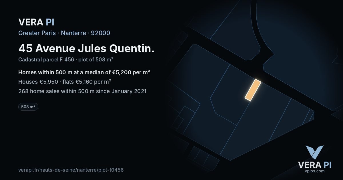 45 Avenue Jules Quentin, Nanterre at night – the plot lit, the parcels around coloured by the prices near them