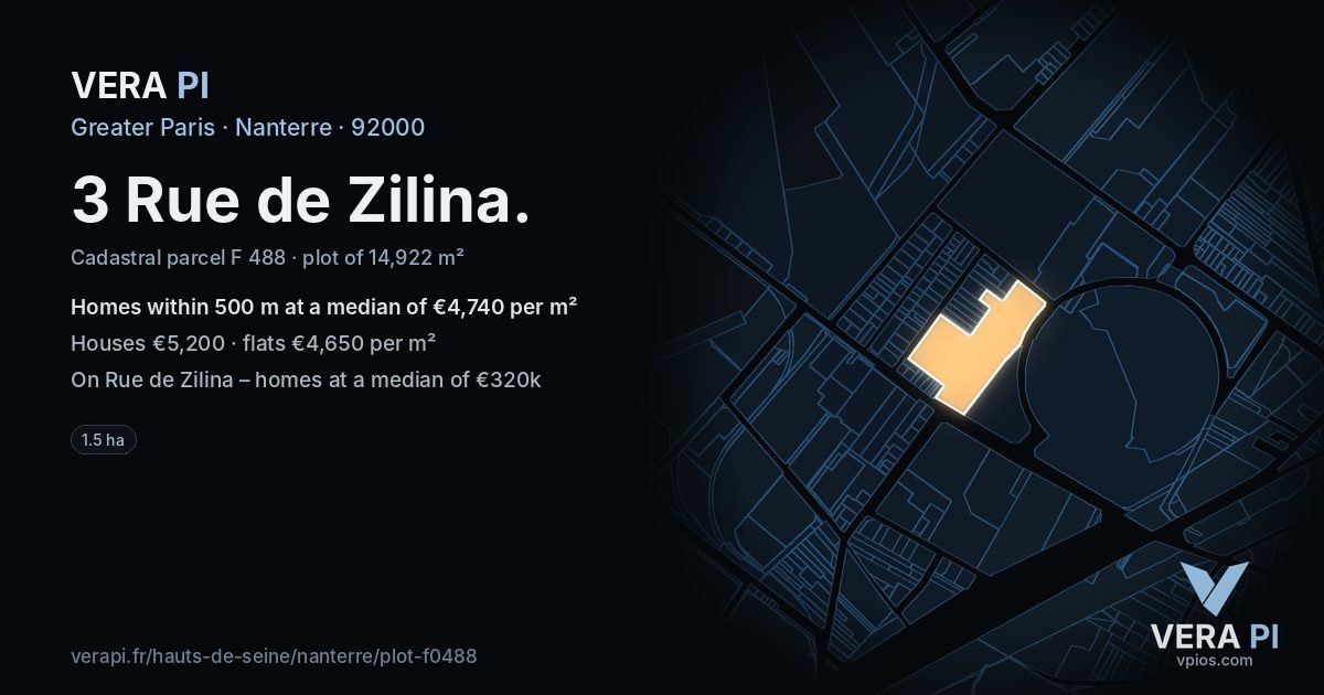 3 Rue de Zilina, Nanterre at night – the plot lit, the parcels around coloured by the prices near them