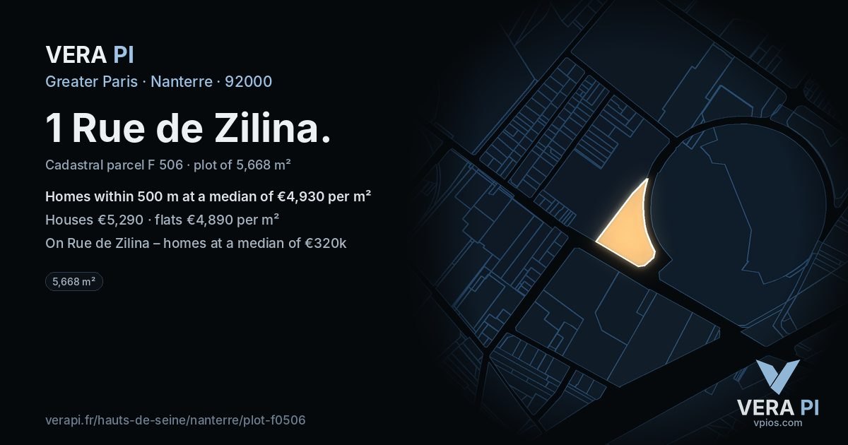 1 Rue de Zilina, Nanterre at night – the plot lit, the parcels around coloured by the prices near them
