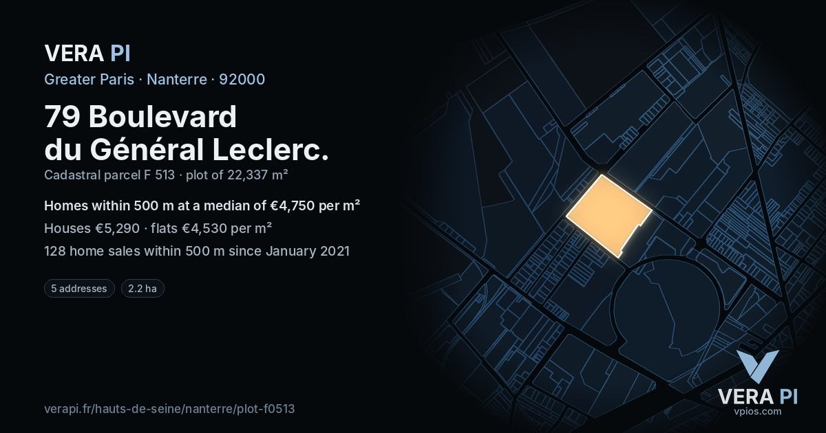 79 Boulevard du Général Leclerc, Nanterre at night – the plot lit, the parcels around coloured by the prices near them