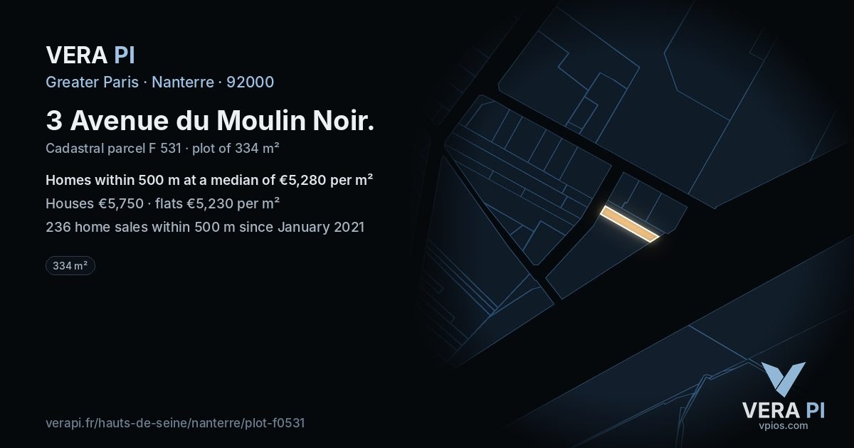 3 Avenue du Moulin Noir, Nanterre at night – the plot lit, the parcels around coloured by the prices near them