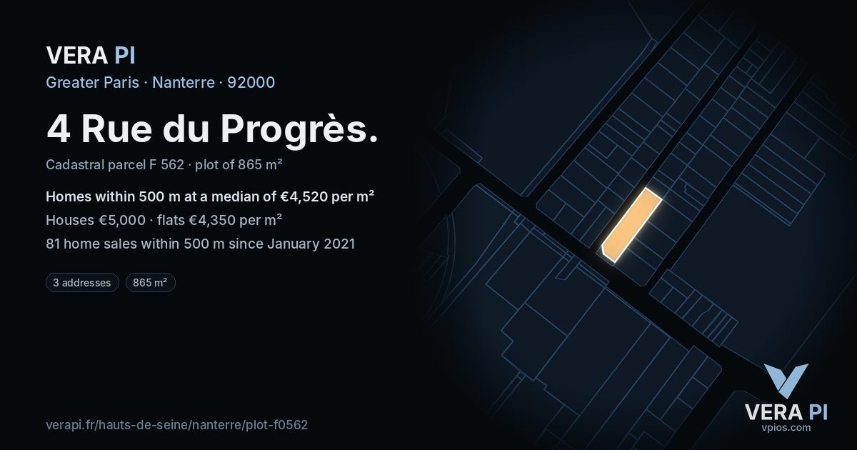 4 Rue du Progrès, Nanterre at night – the plot lit, the parcels around coloured by the prices near them