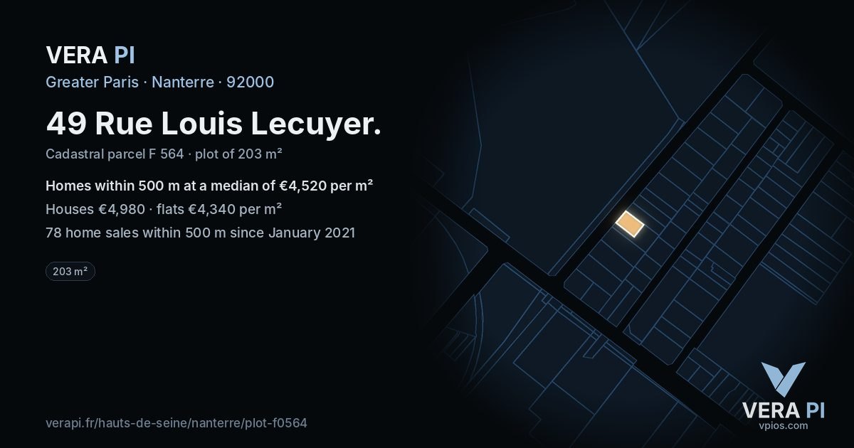 49 Rue Louis Lecuyer, Nanterre at night – the plot lit, the parcels around coloured by the prices near them