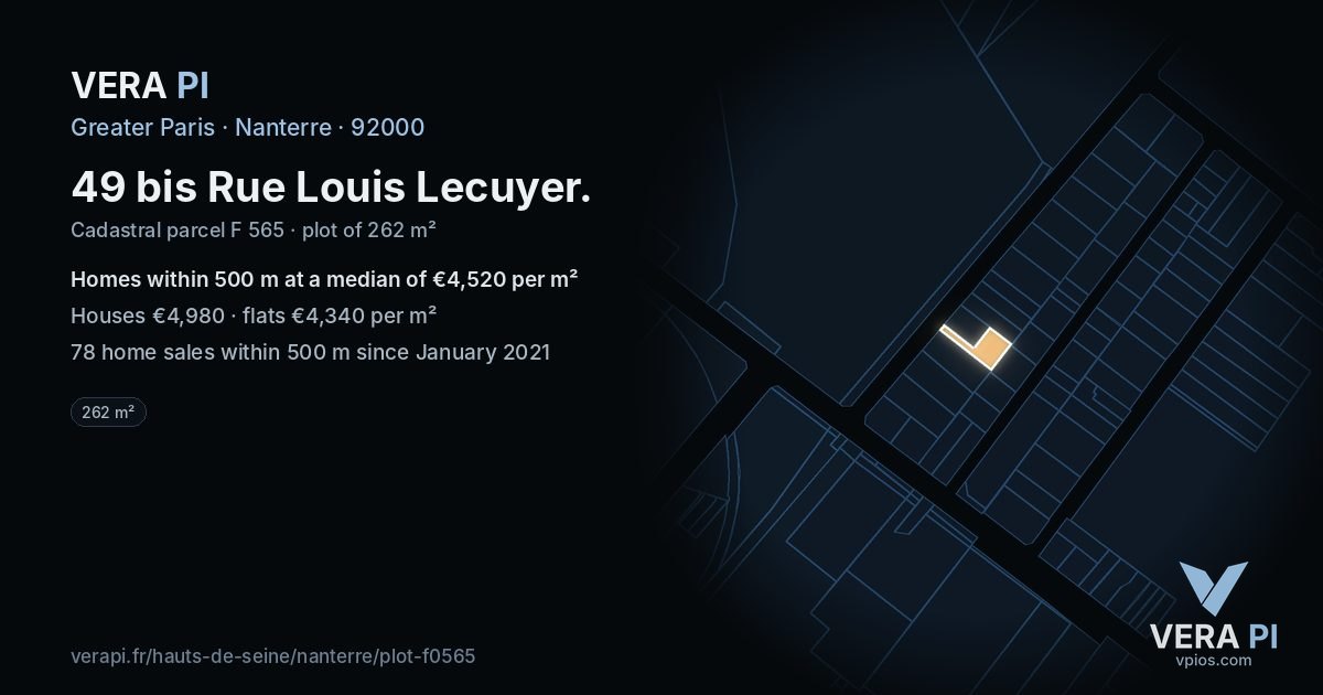 49 bis Rue Louis Lecuyer, Nanterre at night – the plot lit, the parcels around coloured by the prices near them