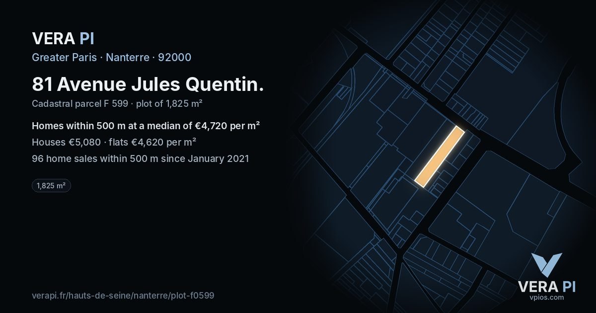 81 Avenue Jules Quentin, Nanterre at night – the plot lit, the parcels around coloured by the prices near them