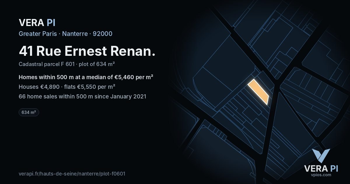 41 Rue Ernest Renan, Nanterre at night – the plot lit, the parcels around coloured by the prices near them