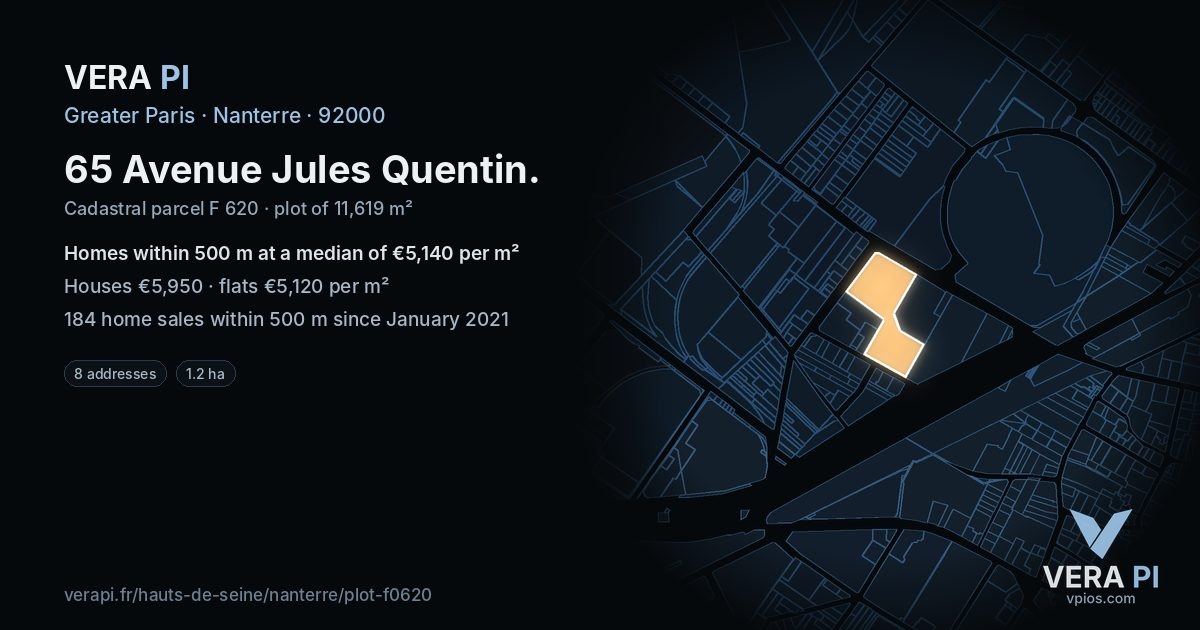 65 Avenue Jules Quentin, Nanterre at night – the plot lit, the parcels around coloured by the prices near them
