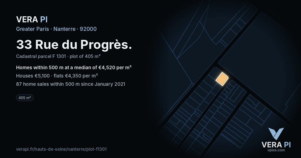 33 Rue du Progrès, Nanterre at night – the plot lit, the parcels around coloured by the prices near them