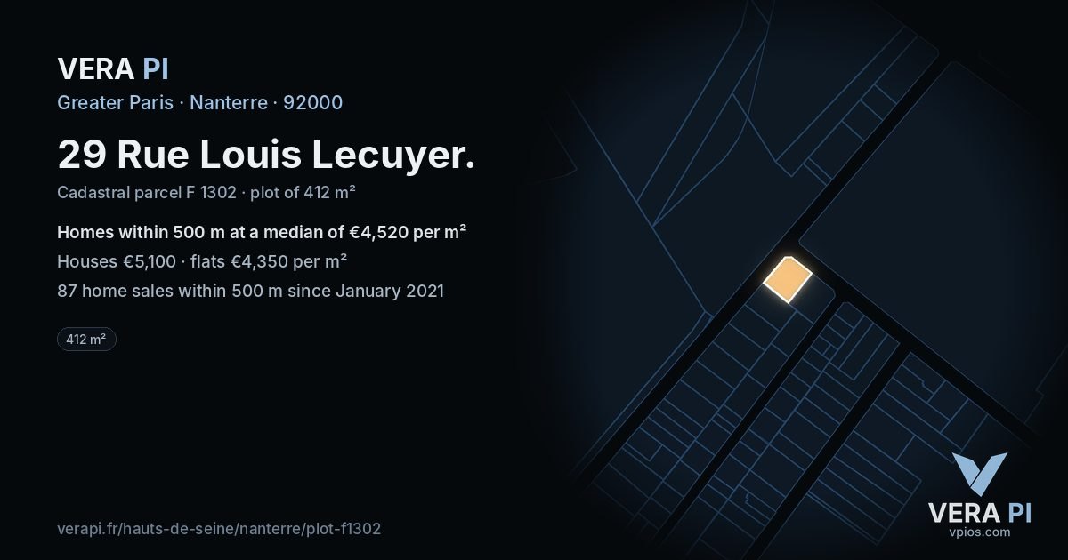 29 Rue Louis Lecuyer, Nanterre at night – the plot lit, the parcels around coloured by the prices near them