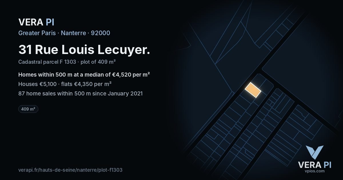 31 Rue Louis Lecuyer, Nanterre at night – the plot lit, the parcels around coloured by the prices near them