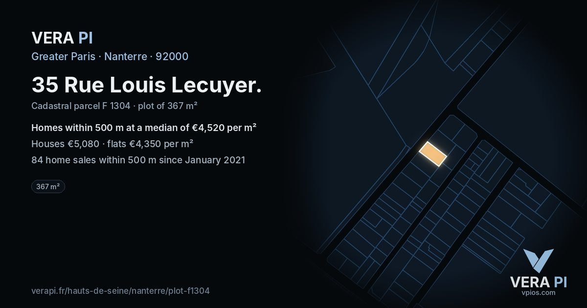 35 Rue Louis Lecuyer, Nanterre at night – the plot lit, the parcels around coloured by the prices near them
