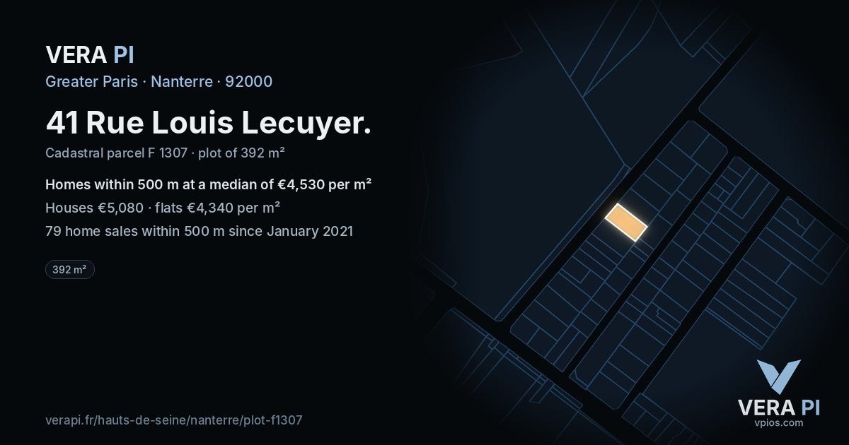 41 Rue Louis Lecuyer, Nanterre at night – the plot lit, the parcels around coloured by the prices near them