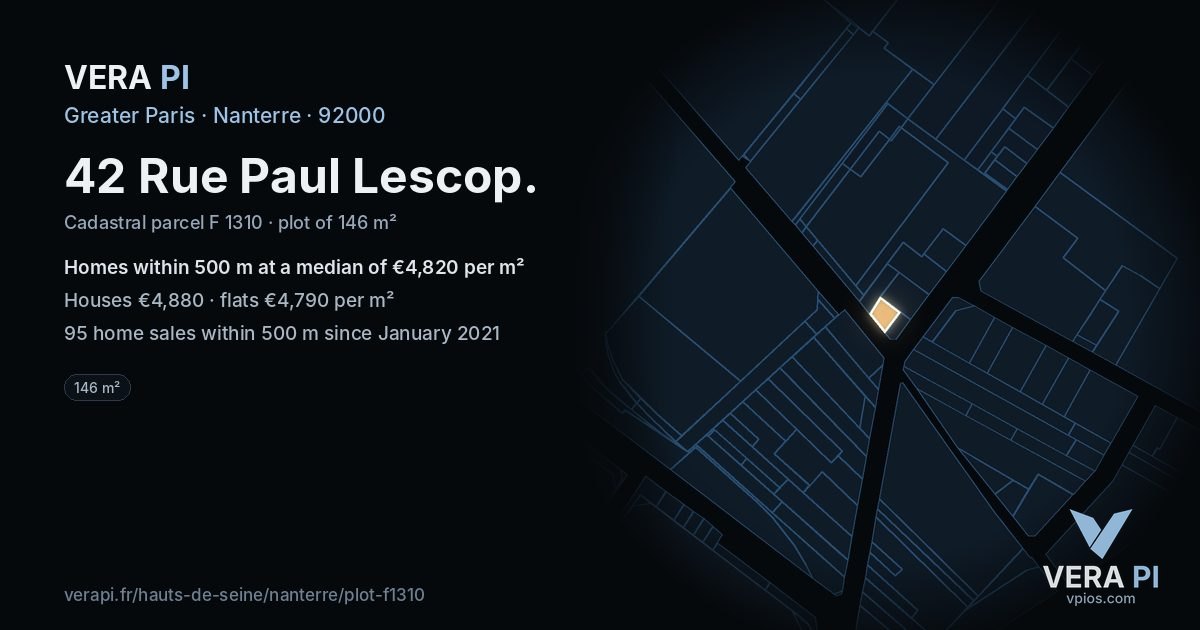 42 Rue Paul Lescop, Nanterre at night – the plot lit, the parcels around coloured by the prices near them